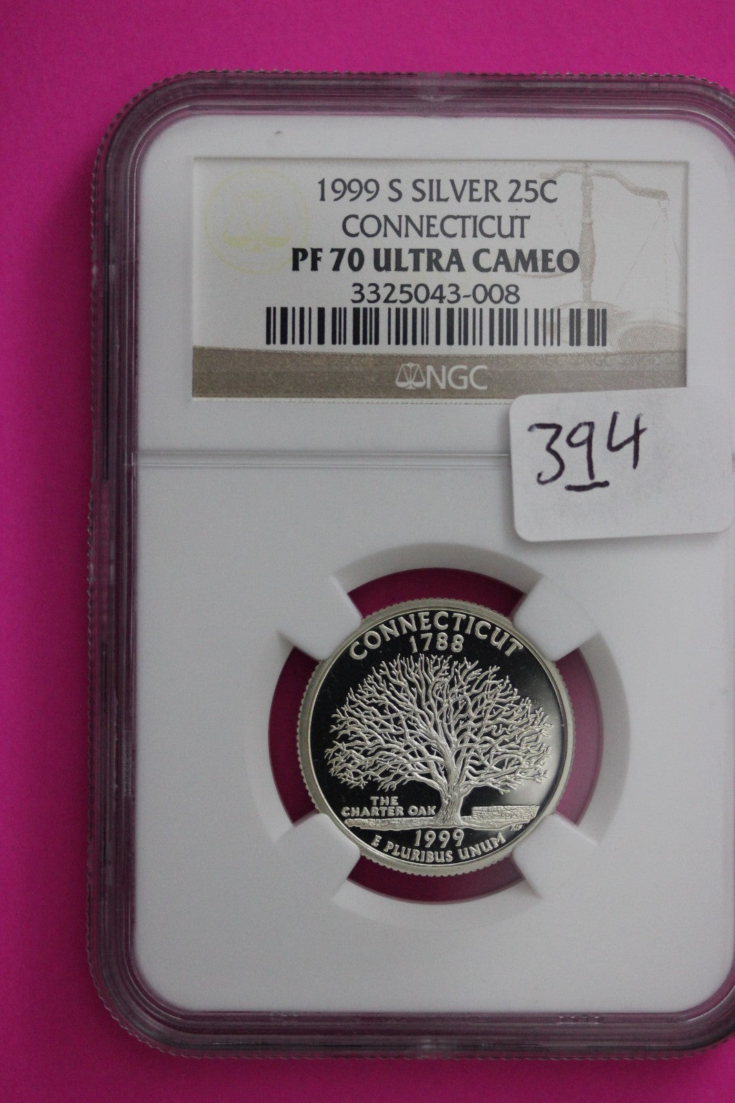 1999 S PF 70 Connecticut Silver State Quarter NGC Certified Authentic Slab 394