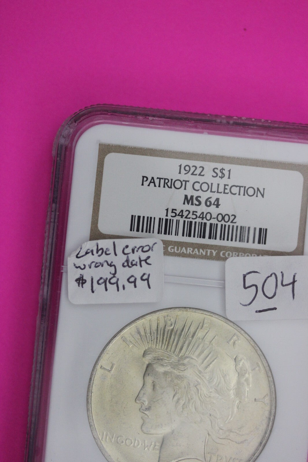 1923 P MS 64 Liberty Peace Silver Dollar NGC Label Error Patriot Collection 504