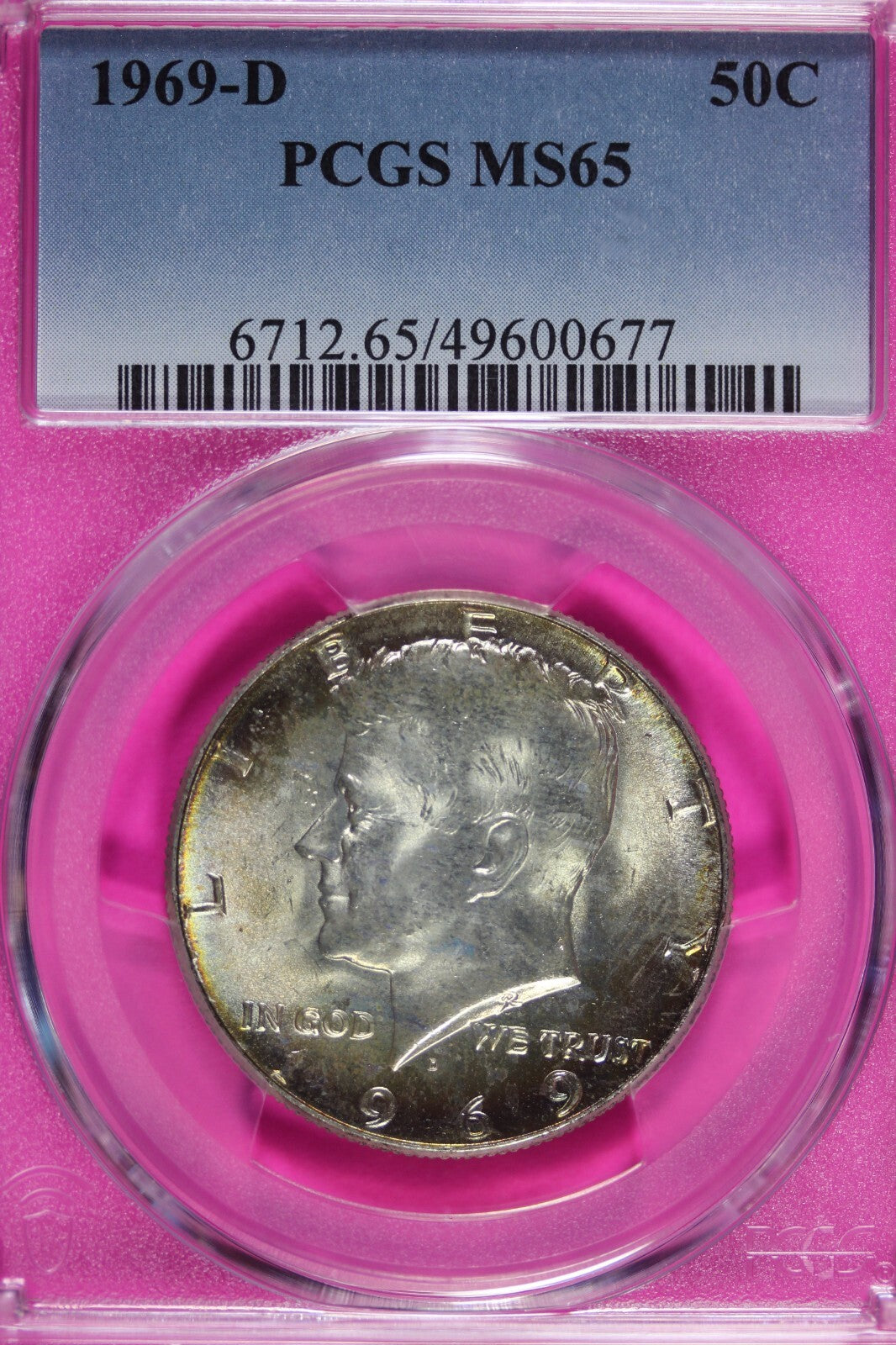 Toned 1969 D Silver MS 65 John F Kennedy Silver Half Dollar PCGS Graded Slab 152