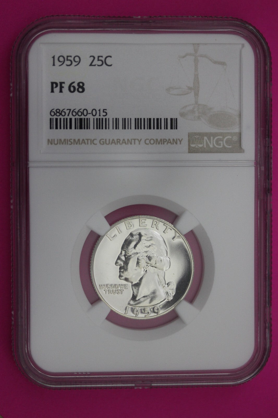 1959 PF 68 Proof Washington Silver Quarter NGC Certified Graded Authentic 282