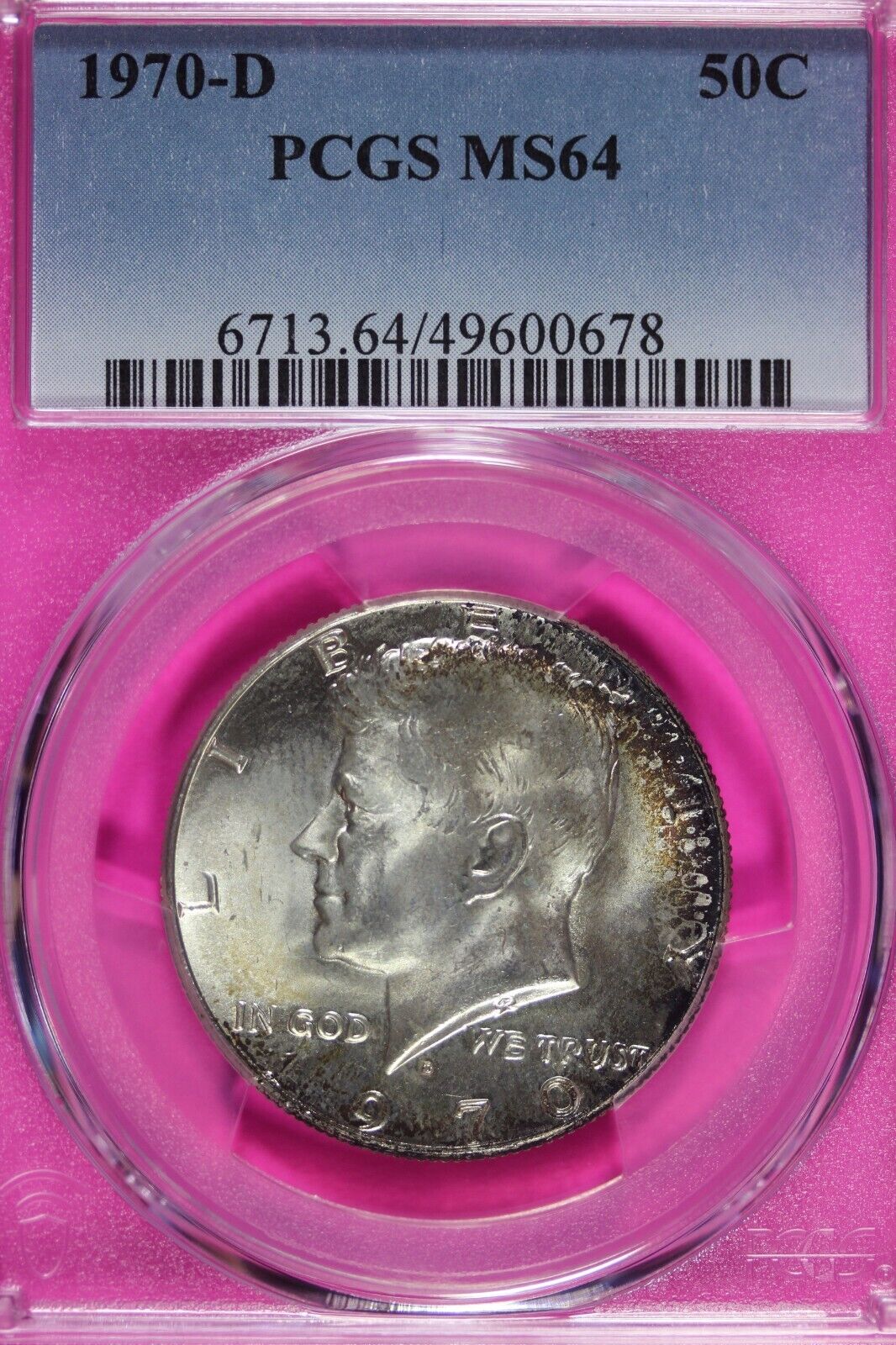Toned 1970 D Silver MS 64 John F Kennedy Silver Half Dollar PCGS Graded 154