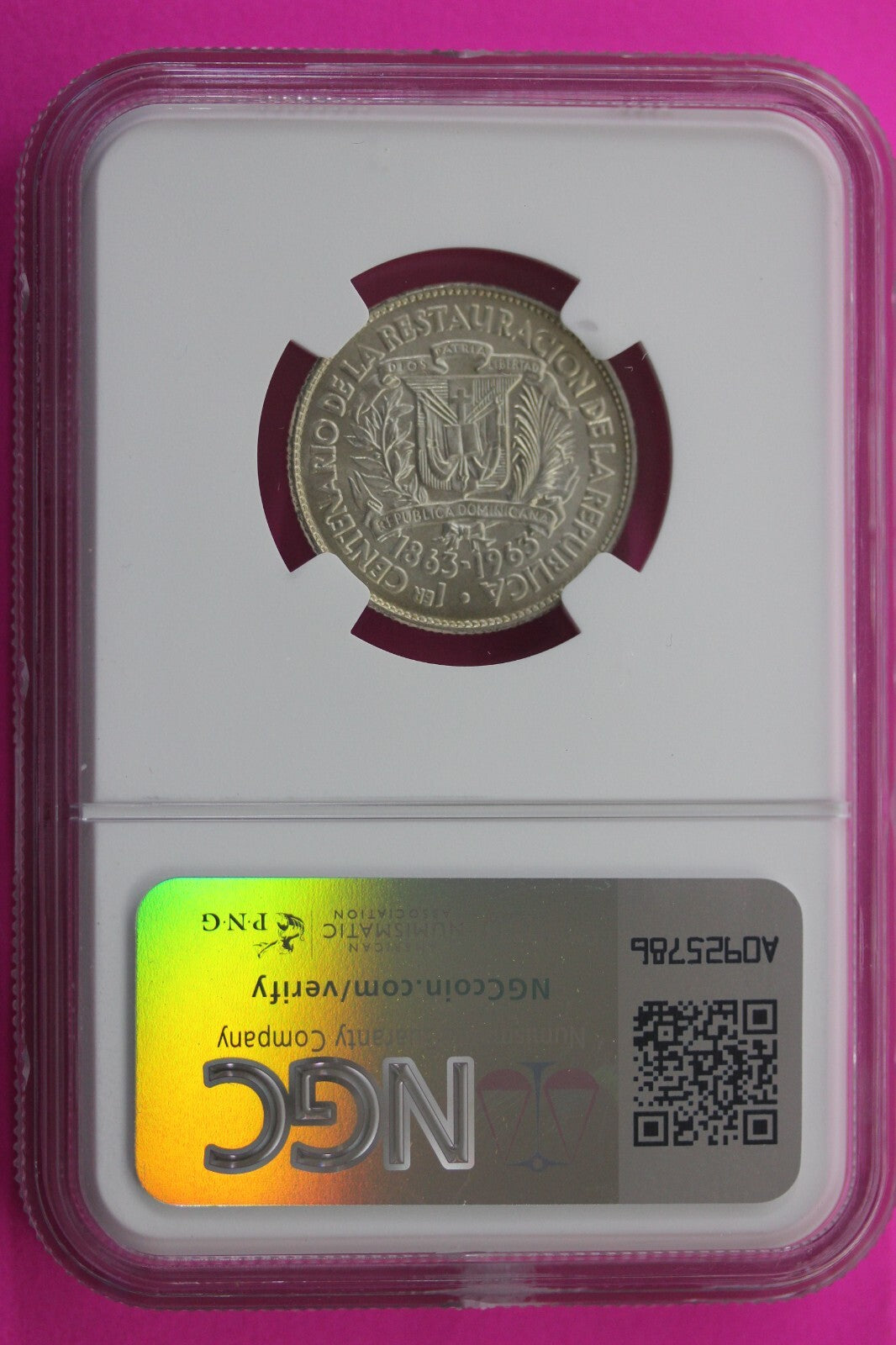 1963 MS 66+ Dominican Republic 25 Centavos Silver Coin NGC Certified Slab 156
