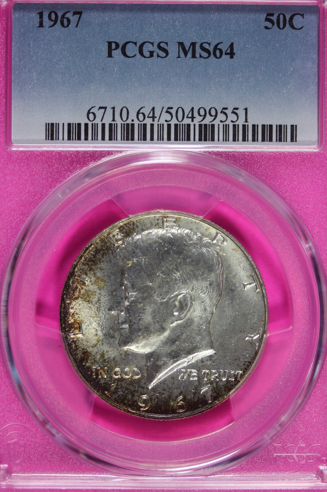 Toned 1967 Silver MS 64 John F Kennedy Silver Half Dollar PCGS Graded Slab 127
