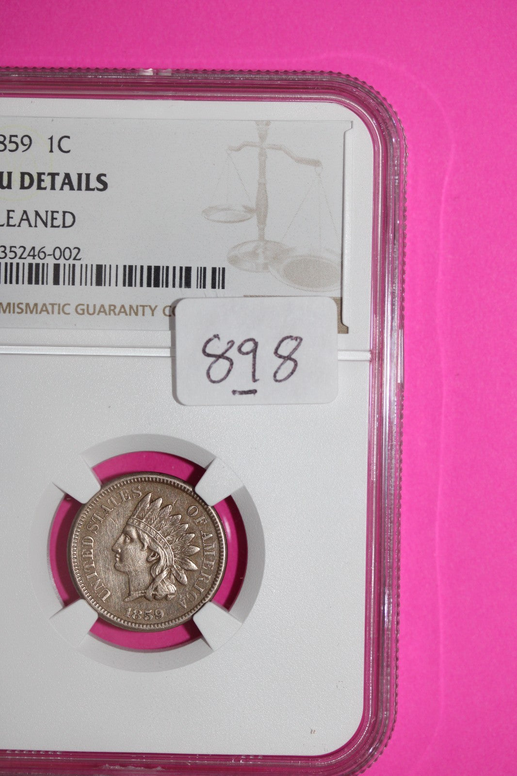 1859 Indian Head Cent Penny AU Details Cleaned NGC Certified Authentic Slab 898