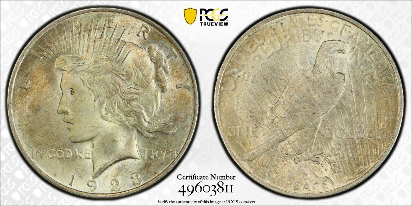Toned 1923 P MS 64 Peace Silver Dollar PCGS Graded Certified Authentic Slab 49