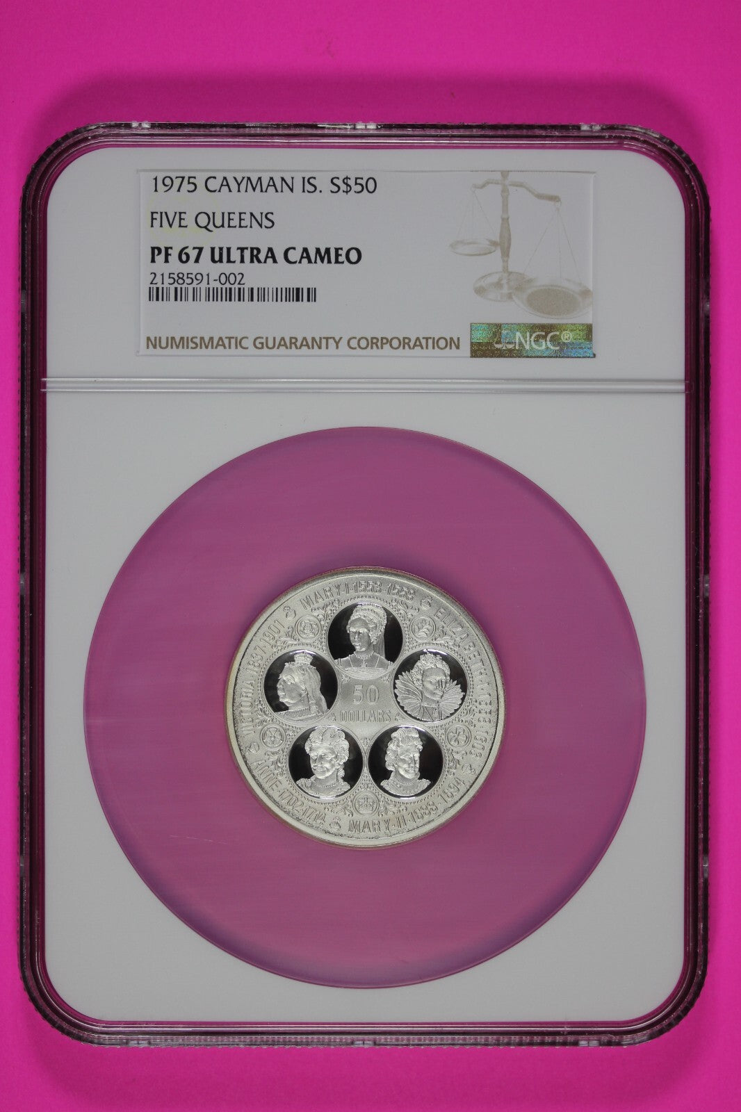1975 PF 67 Cayman Islands $50 Five Queens Silver Coin NGC 7039