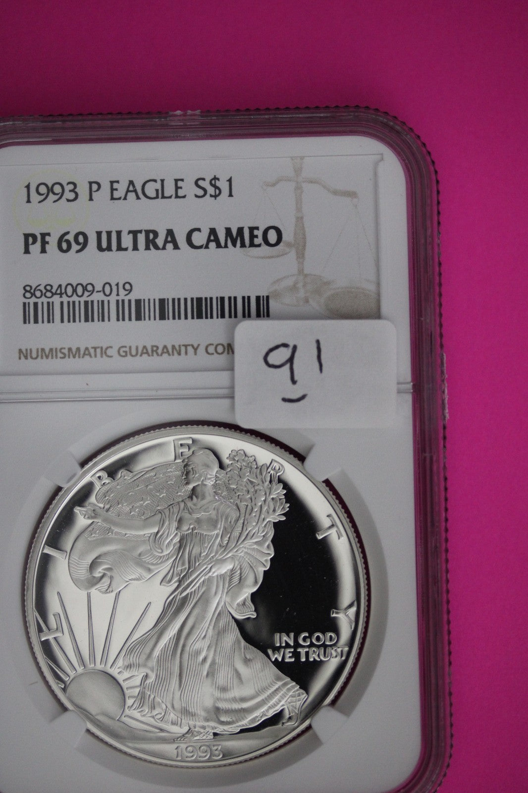 1993 P PF 69 American Silver Eagle Proof Ultra Cameo NGC Graded Authentic 91