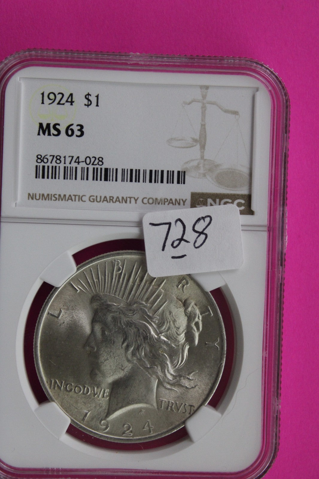 1924 P MS 63 Liberty Peace Silver Dollar NGC Certified Graded Authentic 728