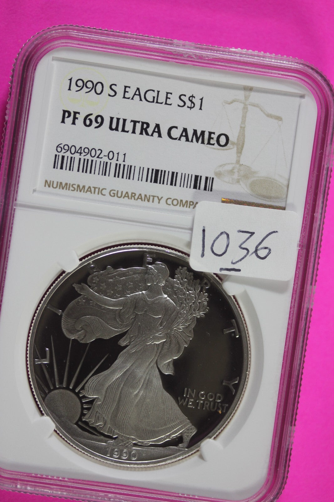 1990 S PF 69 Silver American Eagle Deep Cameo Authentic Proof Coin NGC Slab 1036