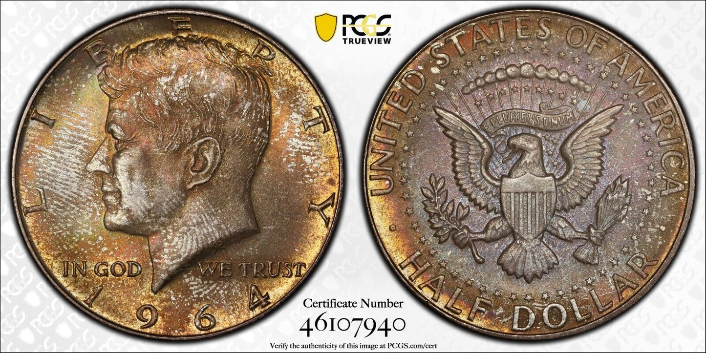 Toned Color 1964 P MS 65 John Kennedy Half Dollar PCGS Graded Trueview Slab 67