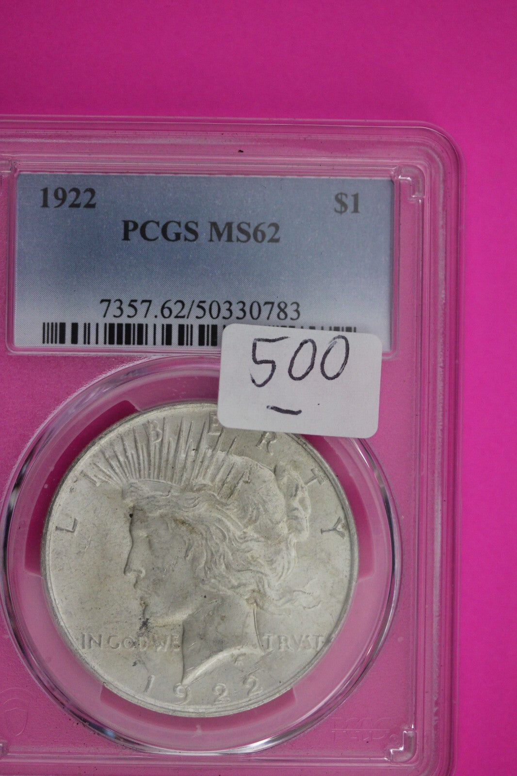 1922 P MS 62 Peace Silver Dollar PCGS Graded Certified Authentic Slab 500