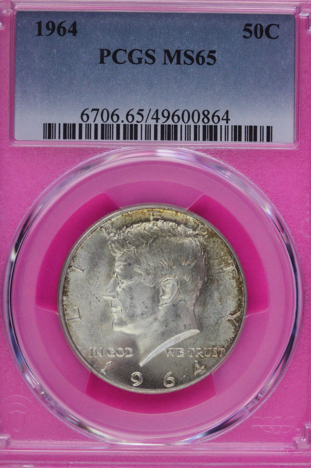 Toned 1964 P Silver MS 65 John F Kennedy Silver Half Dollar PCGS Graded 300