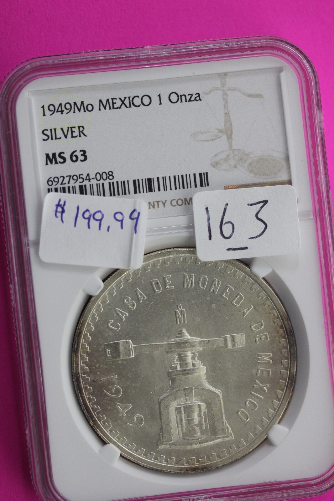 1949 MS 63 Mexico 1 Onza Silver Coin NGC Certified Graded Authentic Slab 163