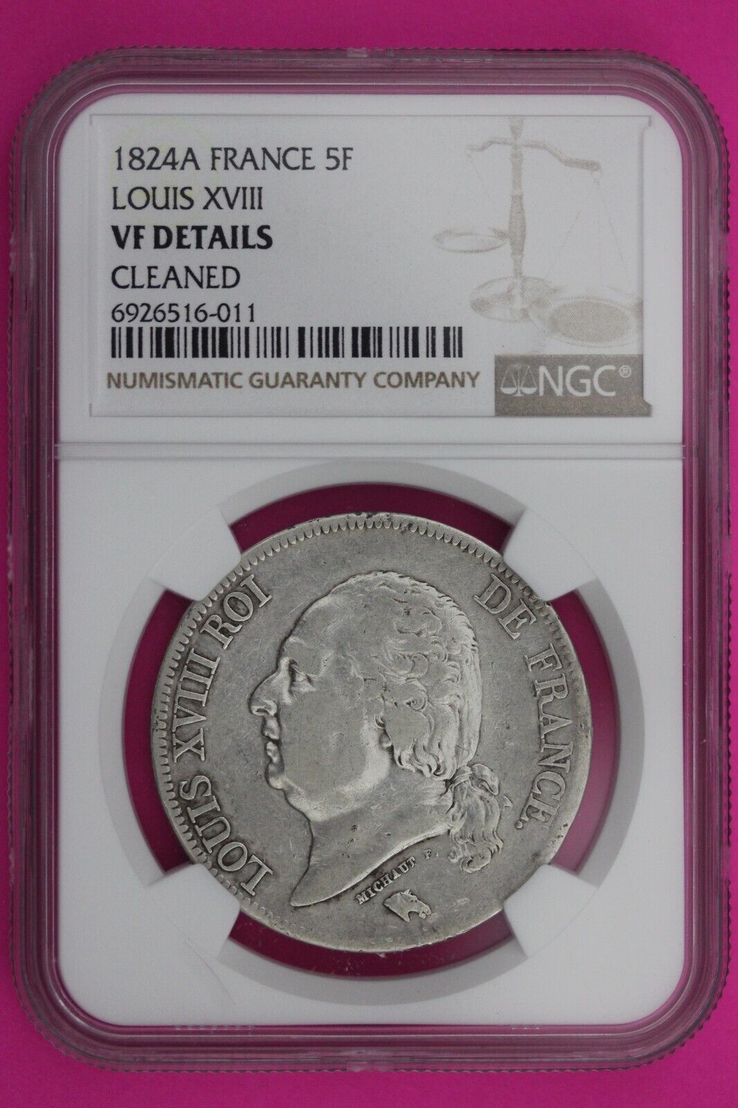 1824 A VF Details France 5 Francs Silver Coin NGC Cleaned Certified Slab 619