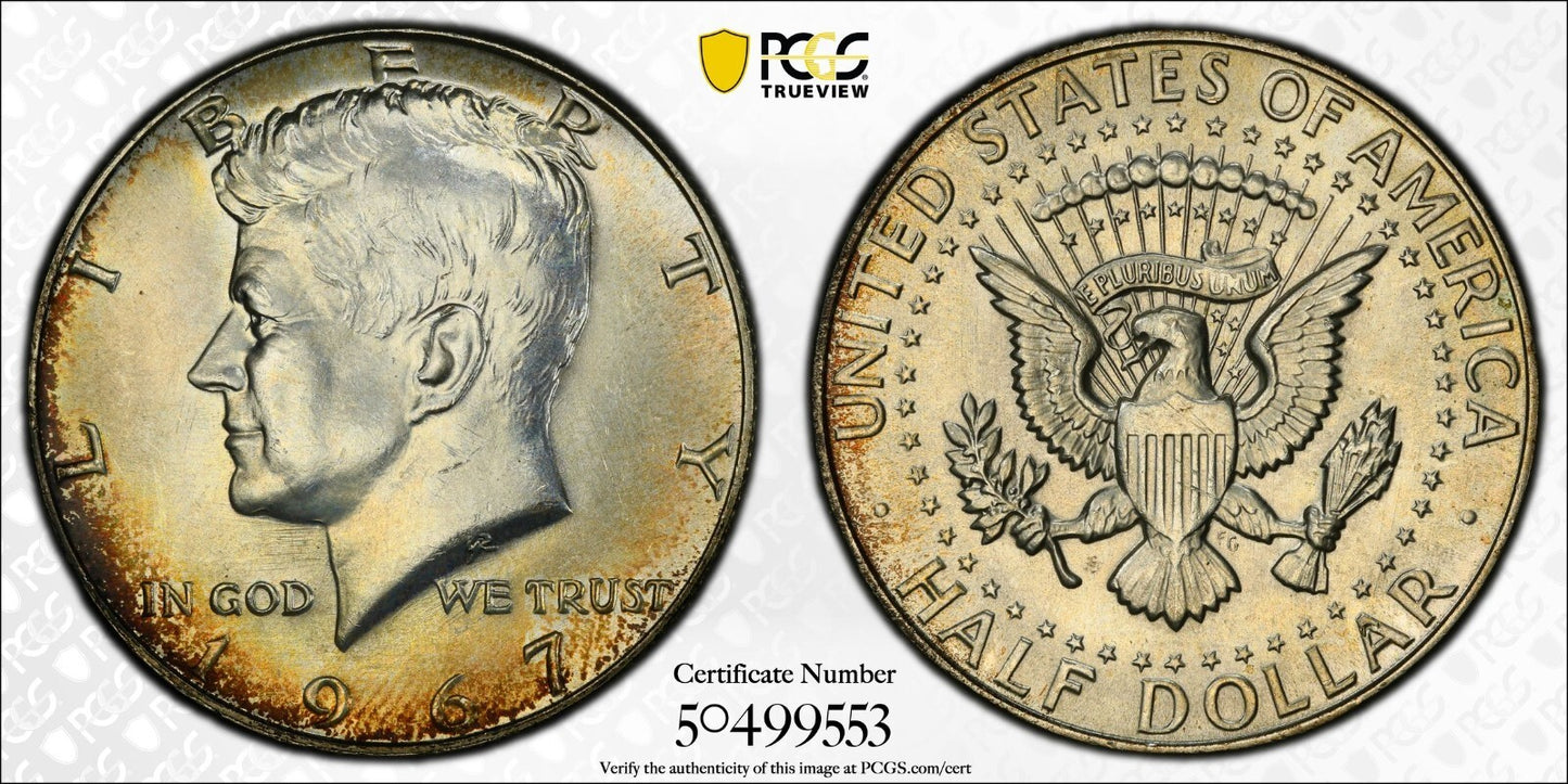 Toned 1967 Silver MS 66 John F Kennedy Silver Half Dollar PCGS Graded Slab 147