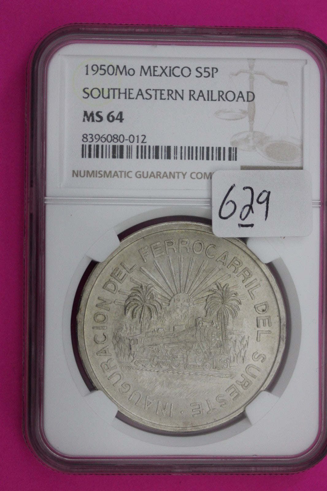 1950 MO MS 64 Mexico South Eastern Railroad 5 Pesos Silver Coin NGC Slab 629