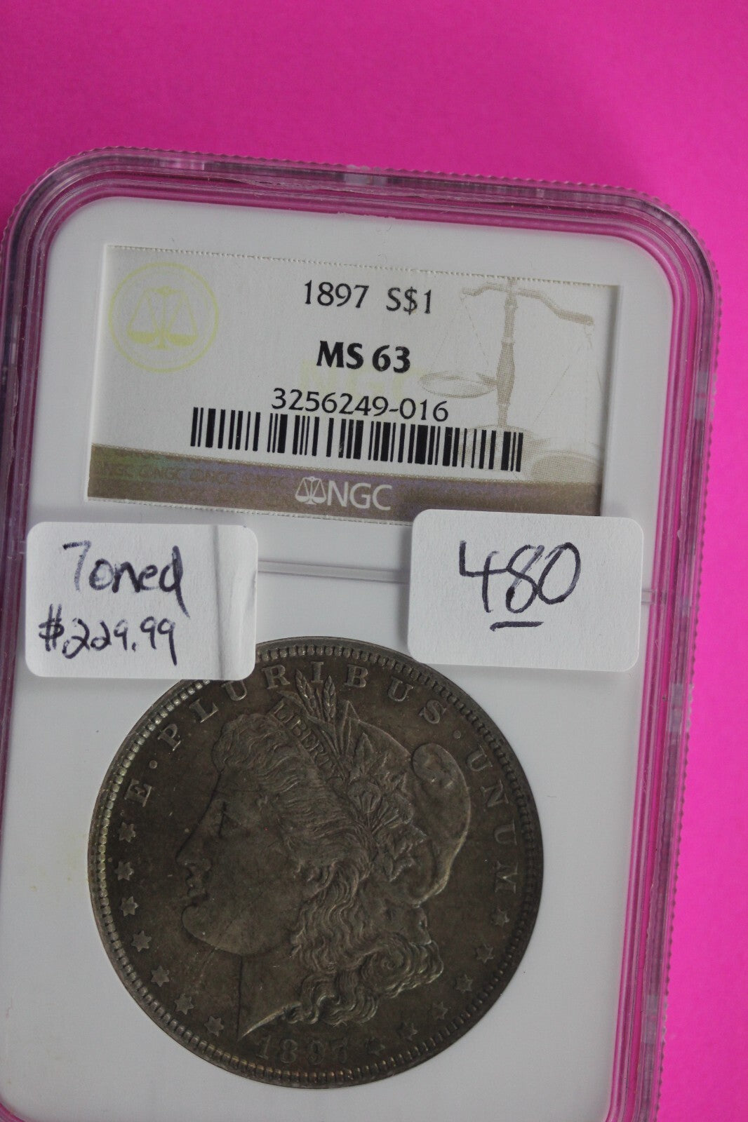 Toned 1897 P MS 63 Liberty Morgan Silver Dollar NGC Certified Graded Slab 480