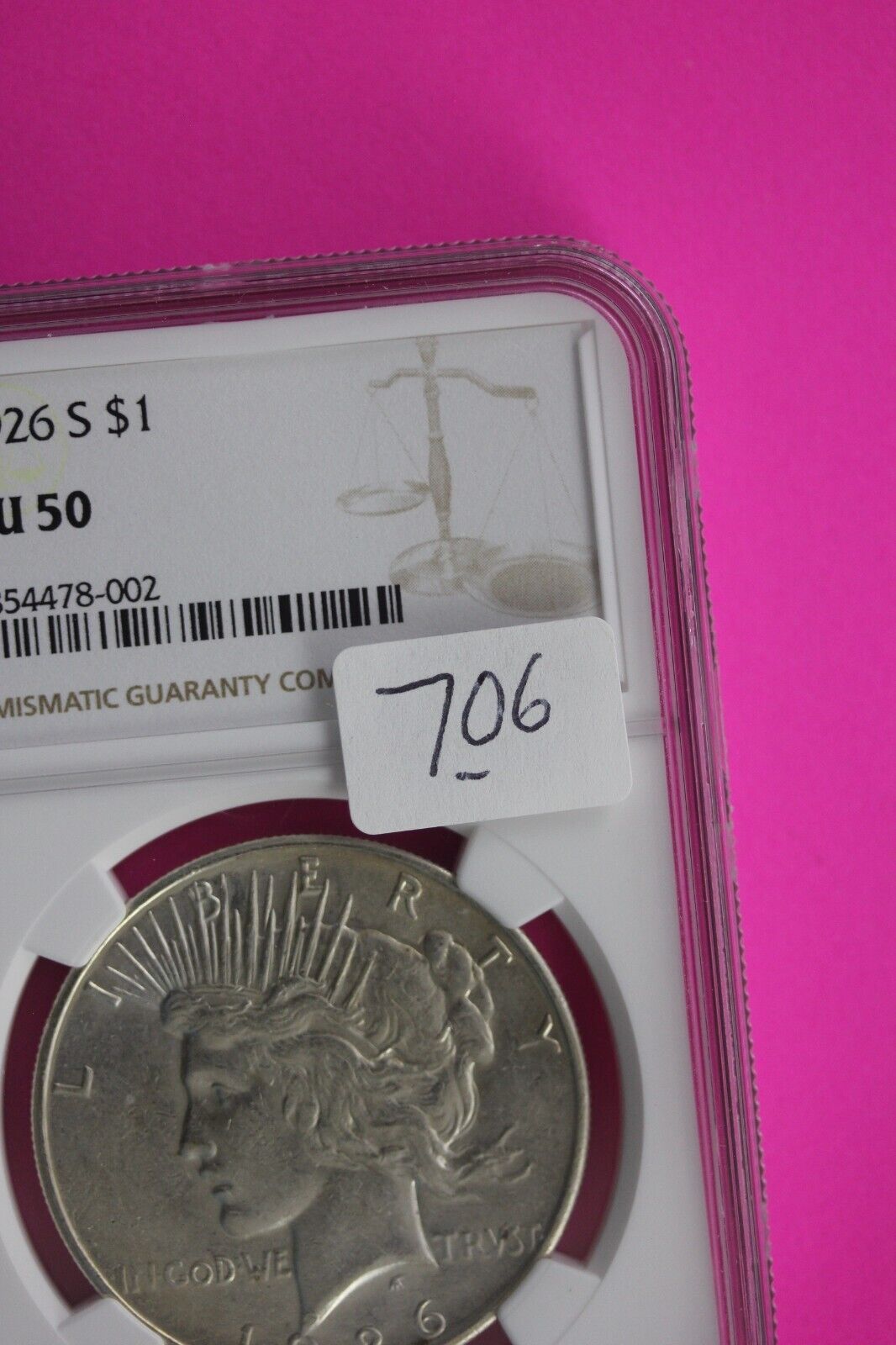 1926 S AU 50 Liberty Peace Silver Dollar NGC Certified Authentic Graded Slab 706