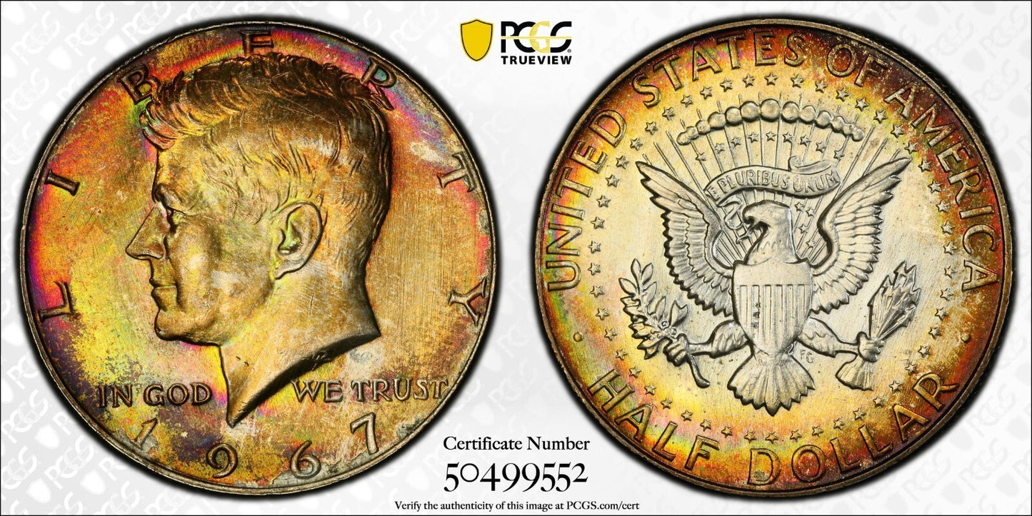 Rainbow Toned 1967 Silver MS 65 John F Kennedy Silver Half Dollar PCGS Slab 146