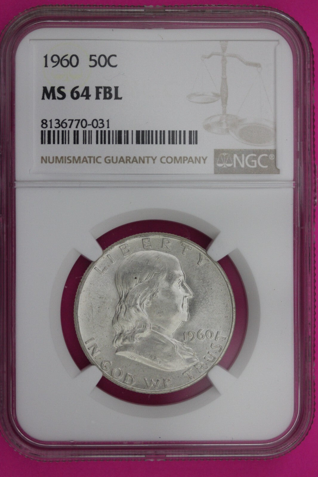 1960 P MS 64 Full Bell Lines Ben Franklin Silver Half Dollar NGC FBL Slab 1179