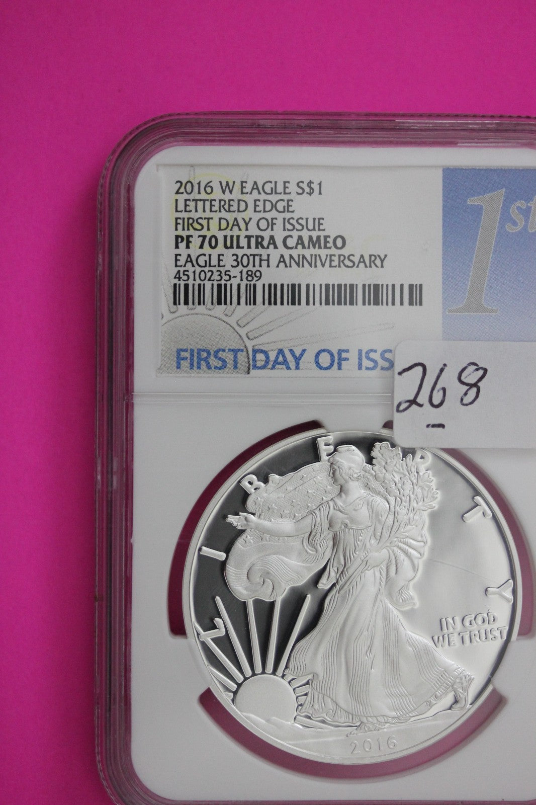 2016 W PF 70 Proof DCAM Silver American Eagle Lettered Edge NGC Authentic 268