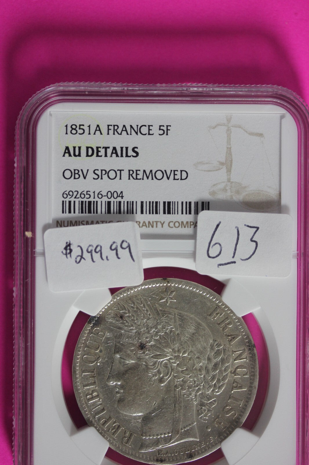 1851 A AU Details France 5 Francs Silver Coin NGC Certified Authentic Slab 613