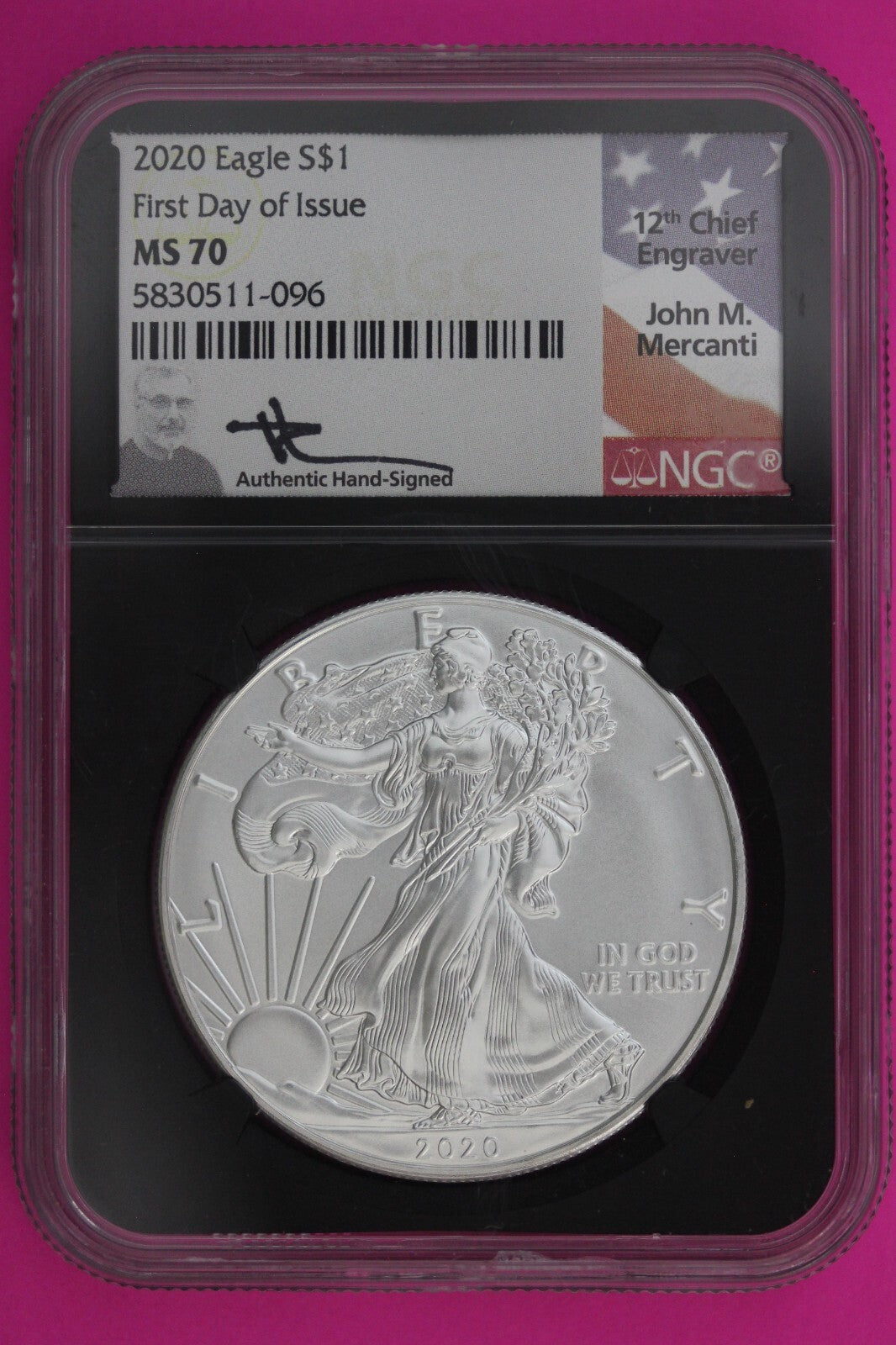 2020 MS 70 Silver American Eagle Mercanti Signature 1rst Day Issue NGC Slab 1124