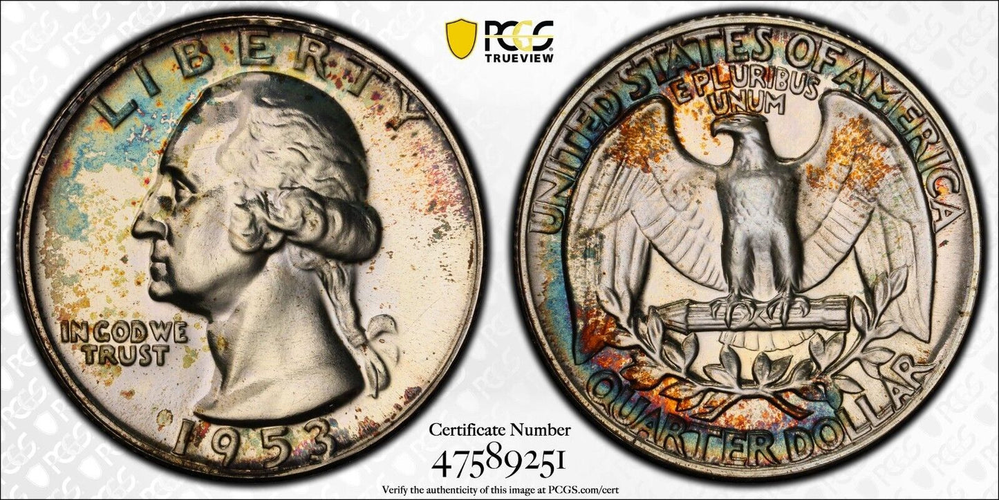 Rainbow Toned Trueview 1953 PR 66 George Washington Quarter PCGS Slab OCE 418