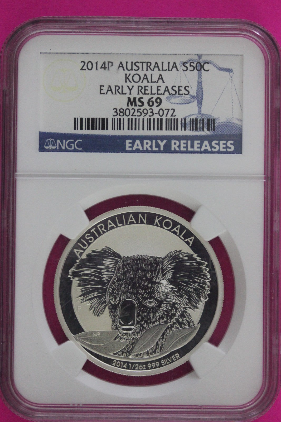 2014 P MS 69 Australia Koala 50 Cents 1/2 OZ Silver NGC Certified Graded 128