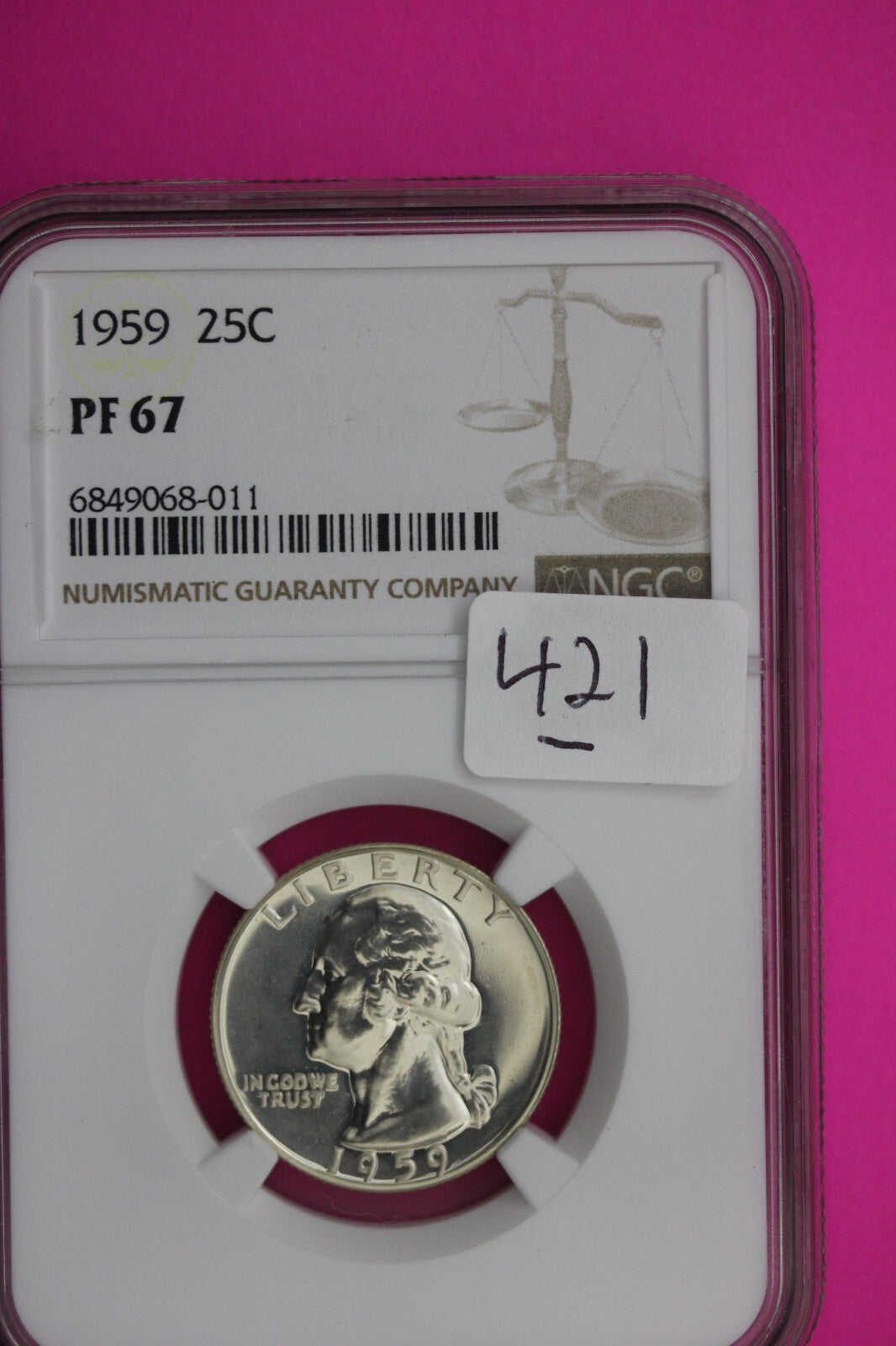 1959 PF 67 Proof Washington Silver Quarter NGC Certified Graded Authentic 421