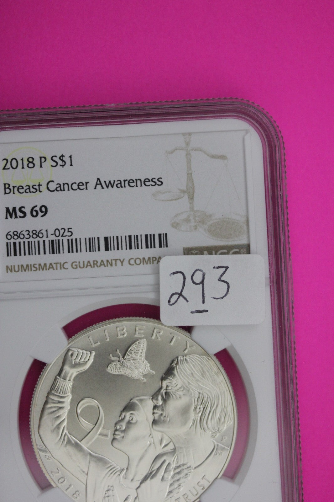2018 P MS 69 BU Breast Cancer Awareness Commemorative Silver Dollar NGC 293