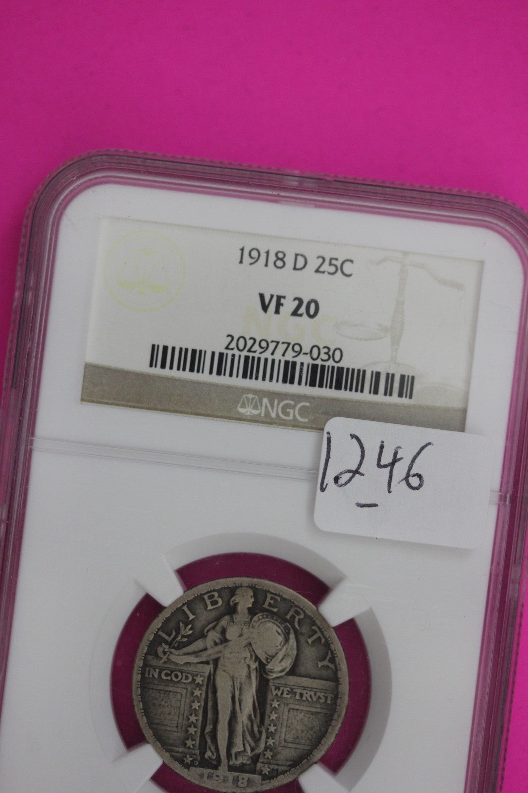 1918 D VF 20 Standing Liberty Silver Quarter NGC Certified Graded Authentic 1246