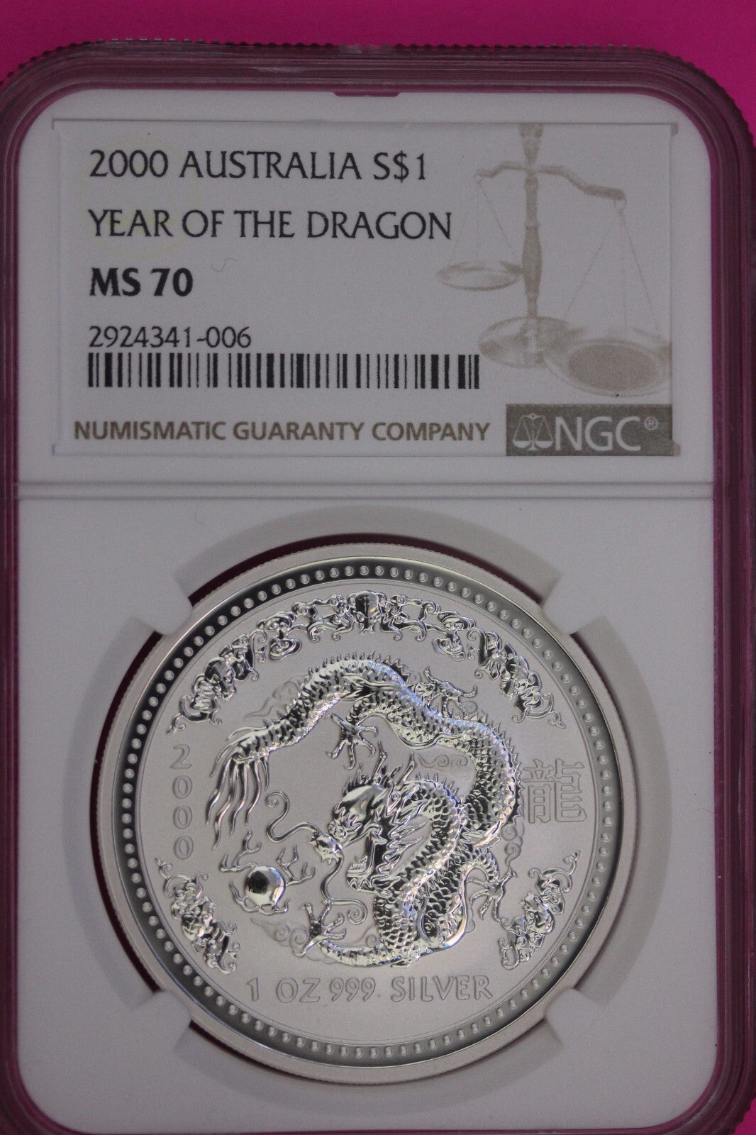 2000 MS 70 Year Of The Dragon Australia Lunar NGC Certified Authentic Slab 829