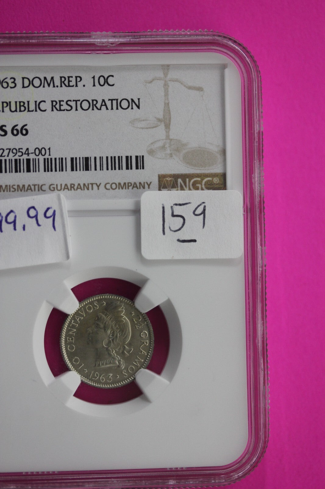 1963 MS 63 Dominican Republic 10 Centavos Silver Coin NGC Certified Slab 159