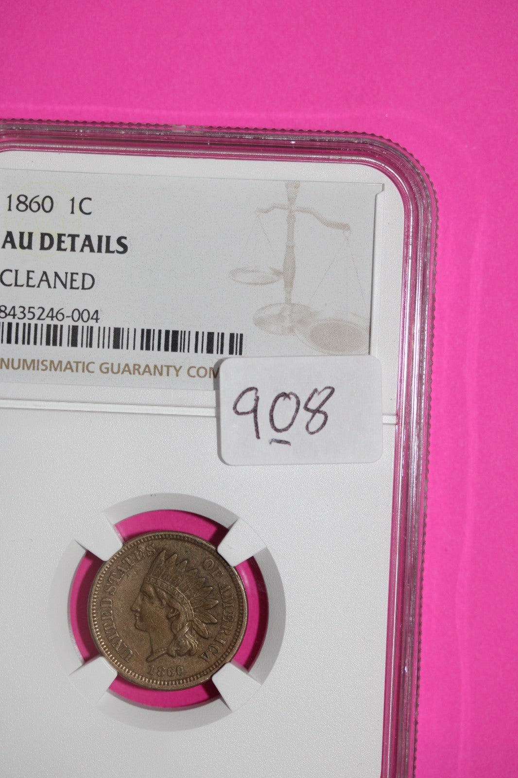 1860 Indian Head Cent Penny AU Details Cleaned NGC Certified Authentic Slab 908