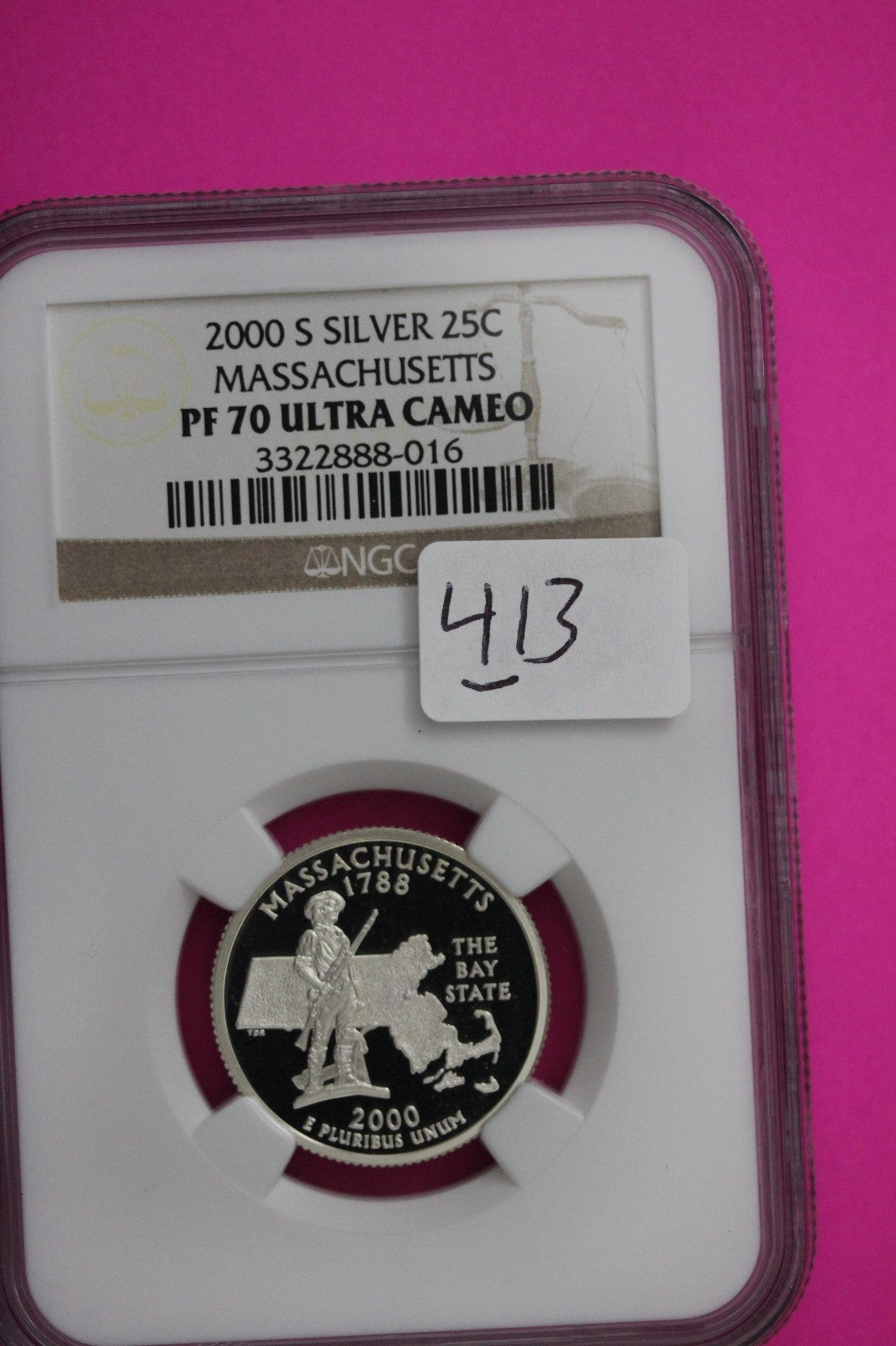 2000 S PF 70 Massachusetts Silver State Quarter NGC Certified Authentic Slab 413