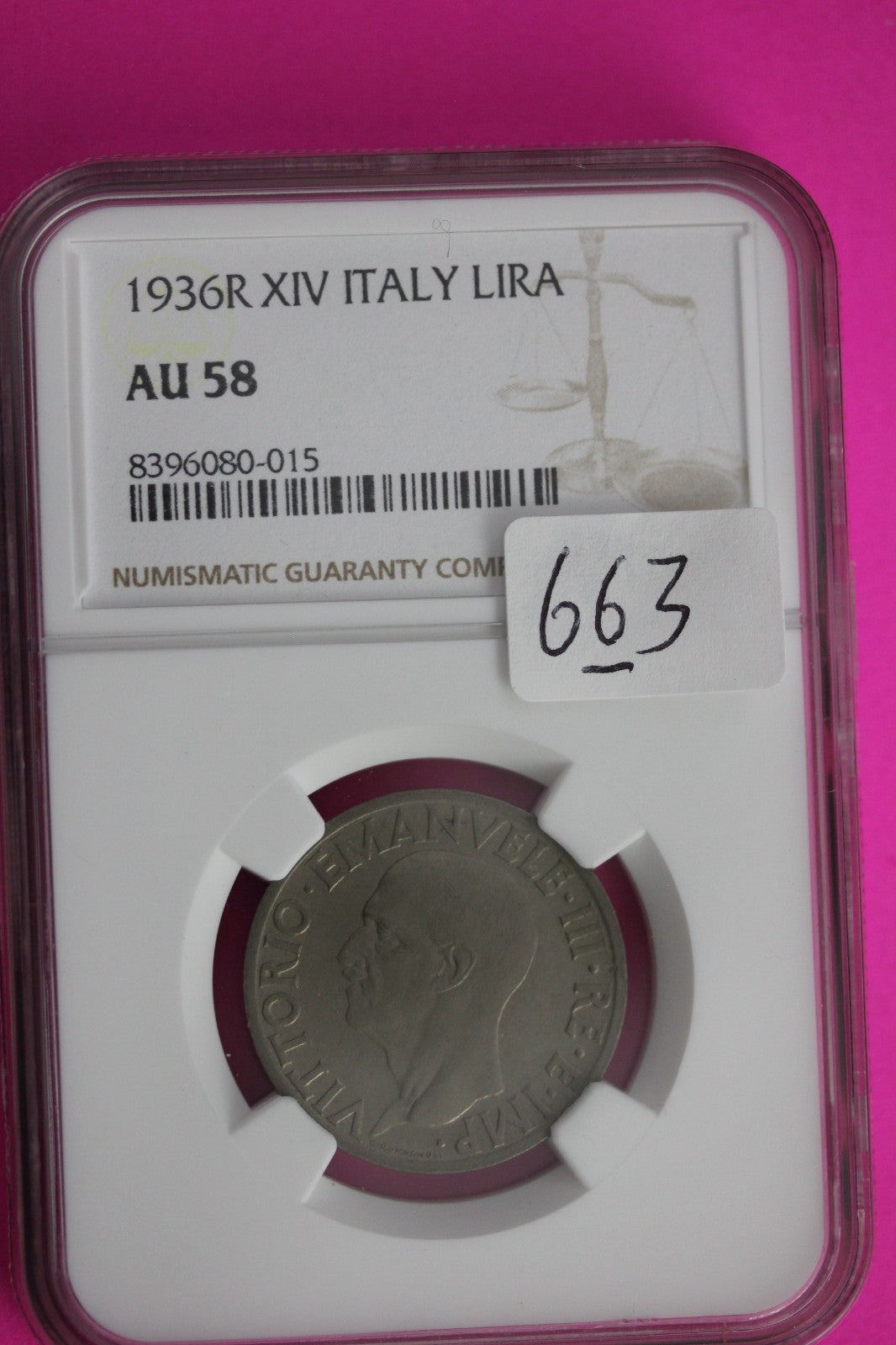 1936 R AU 58 XIV Italy Lira Silver Coin NGC Certified Authentic Graded Slab 663