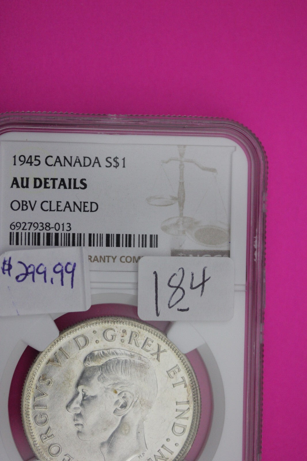 1945 AU Details Canada Silver Dollar OBV Cleaned NGC Certified Authentic 184