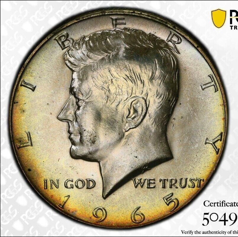 Toned 1965 Silver MS 65 John F Kennedy Silver Half Dollar PCGS Graded Slab 136