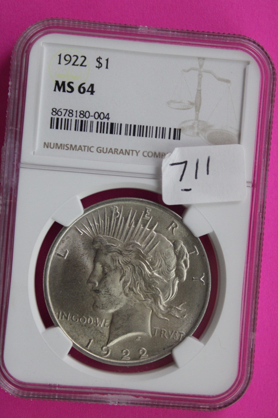 1922 P MS 64 Liberty Peace Silver Dollar NGC Certified Graded Authentic 711