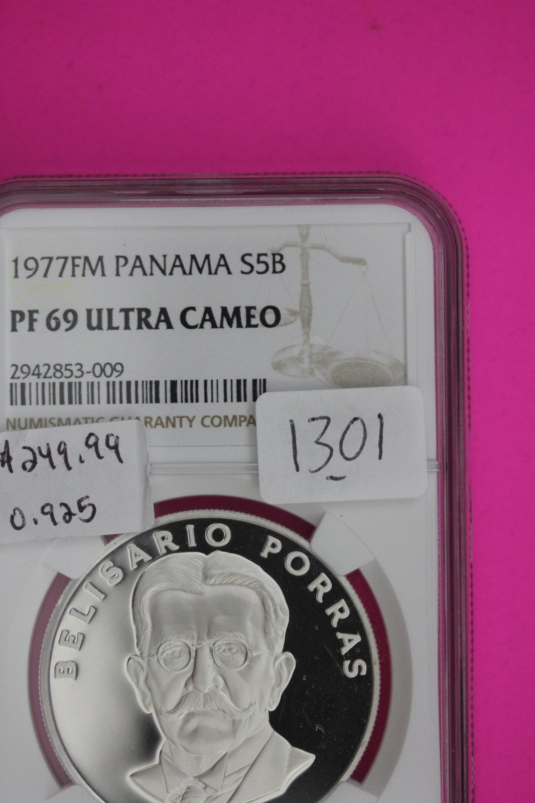 1977 Panama PF 69 Ultra Cameo Proof Silver 5 Balboas NGC Certified Graded 1301