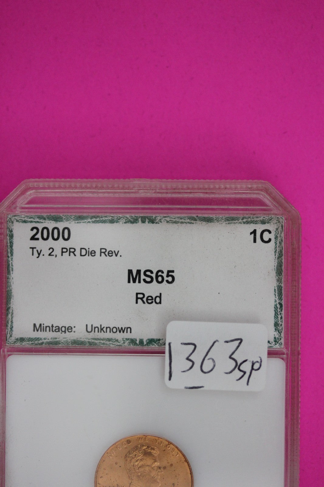 2000 P Type 2 Proof Die Reverse Red Spots Lincoln Memorial Cent Slab 1363