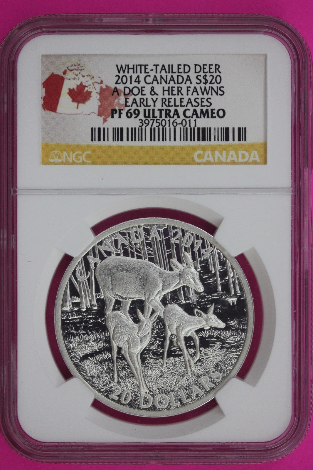 2014 PF 69 White Tailed Deer Doe & Fawns Canada 1 OZ Silver $20 NGC Graded 851