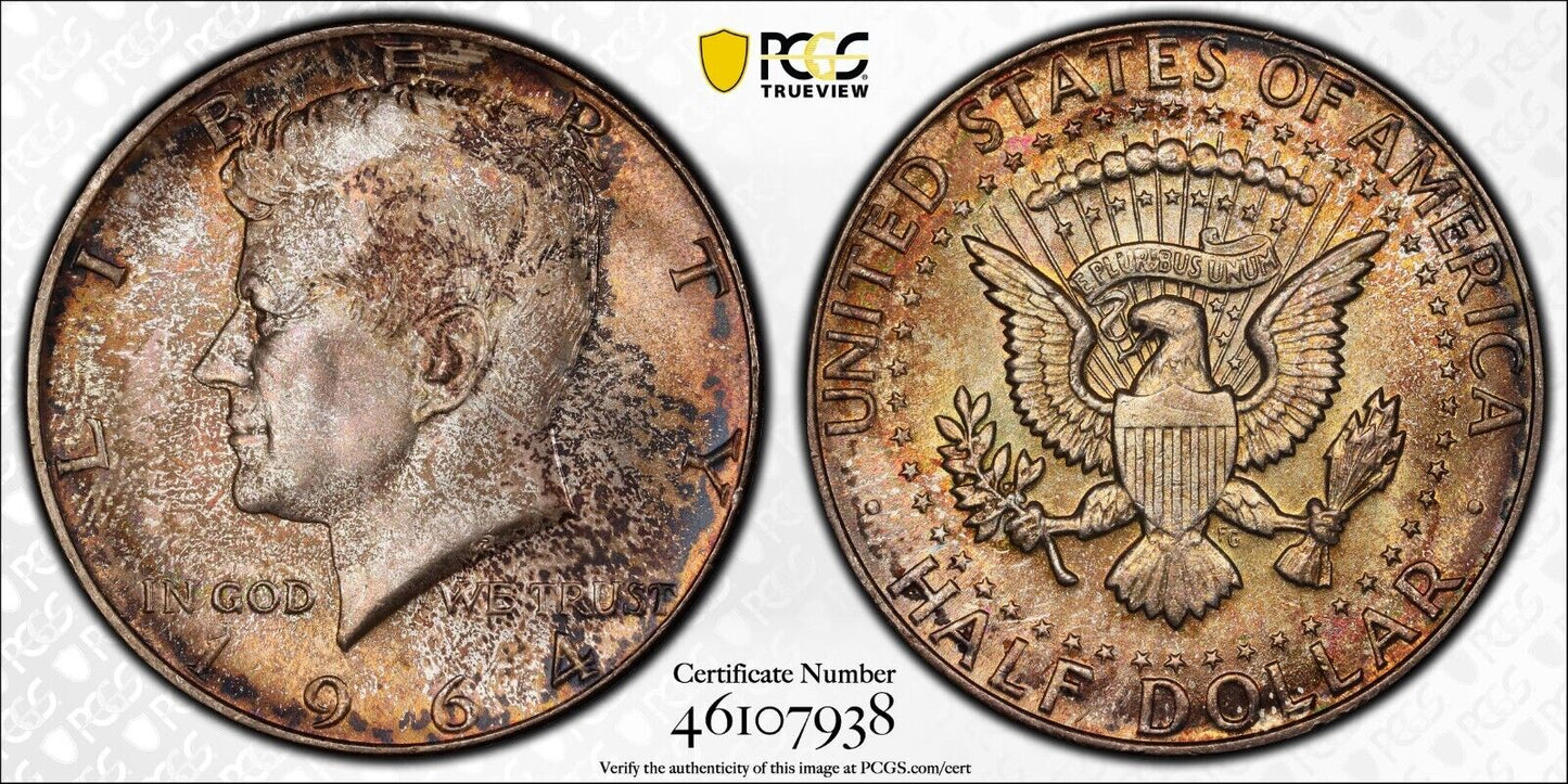 Toned Color 1964 P MS 65 John Kennedy Half Dollar PCGS Graded Trueview Slab 61