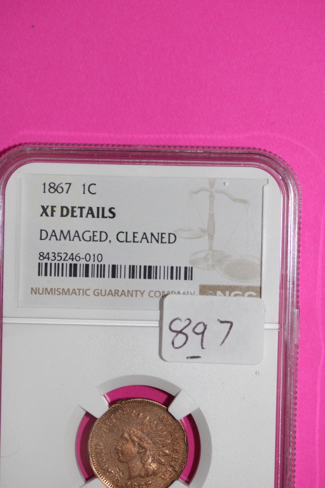 1867 Indian Head Cent Penny XF Details Damaged Cleaned NGC Certified Slab 897