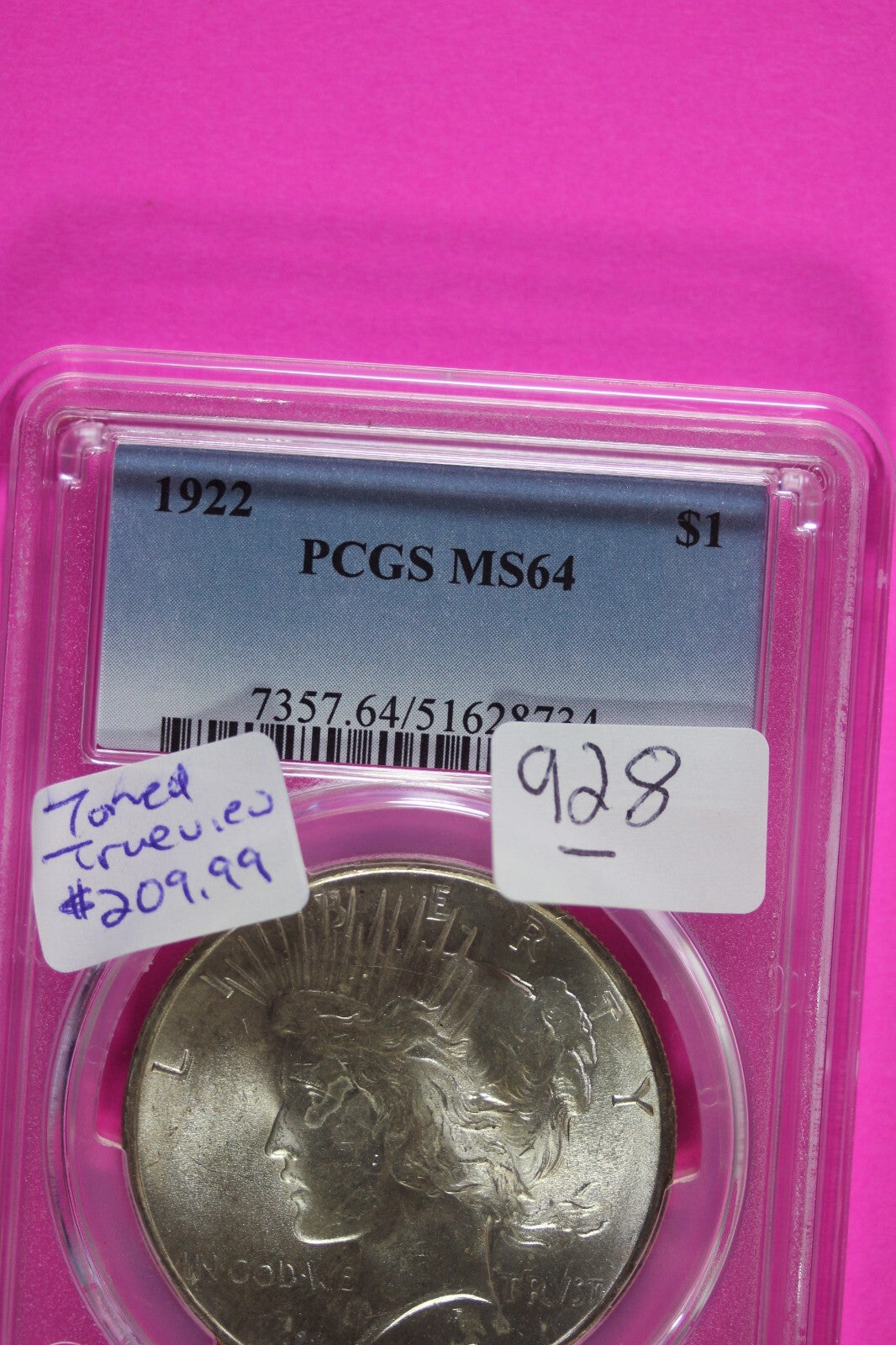 Toned 1922 P MS 64 Peace Silver Dollar PCGS Graded Certified Authentic Slab 928
