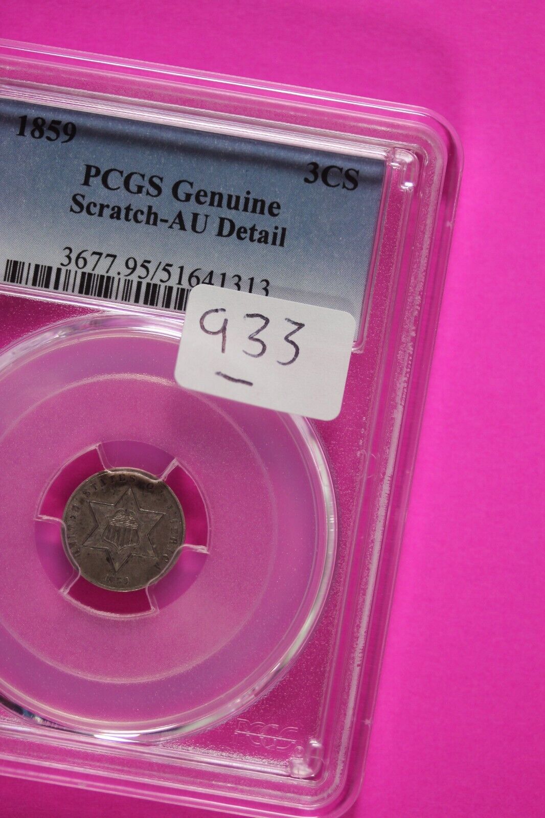 1859 AU Detail Trime 3 Three Cent Silver Dime PCGS Genuine Scratch Slab 933