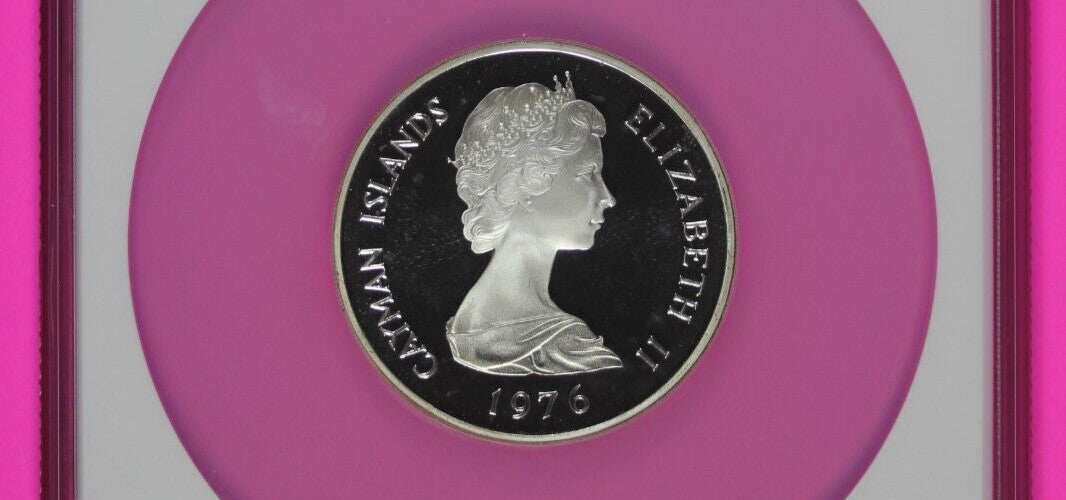 Pop 4 Only 2 Finer 1976 PF 68 Cayman Islands 50PD Five Queens Silver NGC 7037