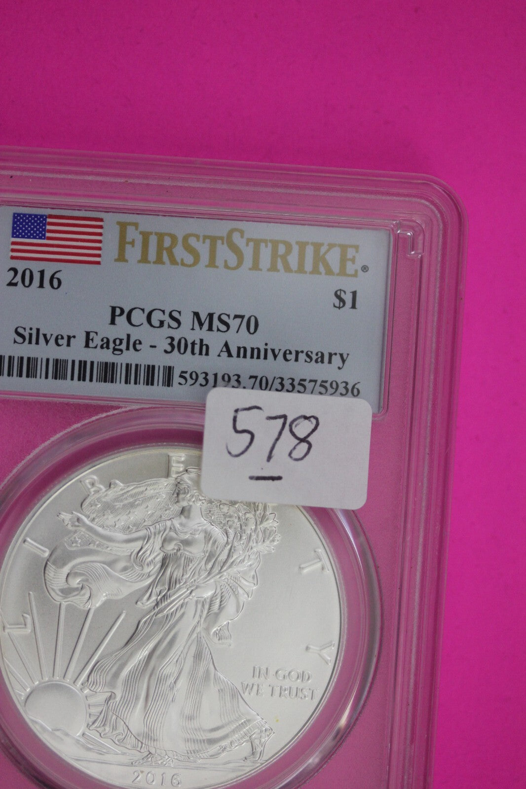 2016 MS 70 Silver Eagle Coin 1 OZ .999 PCGS Certified Graded Authentic Slab 578