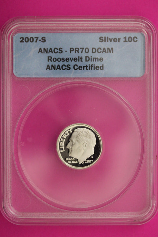 2007 S PR 70 Roosevelt Silver Dime Deep Cameo ANACS Certified Graded Slab 401